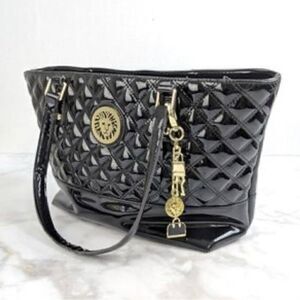 Vintage black shiny patent quilted  leather diamond quilt tote bag